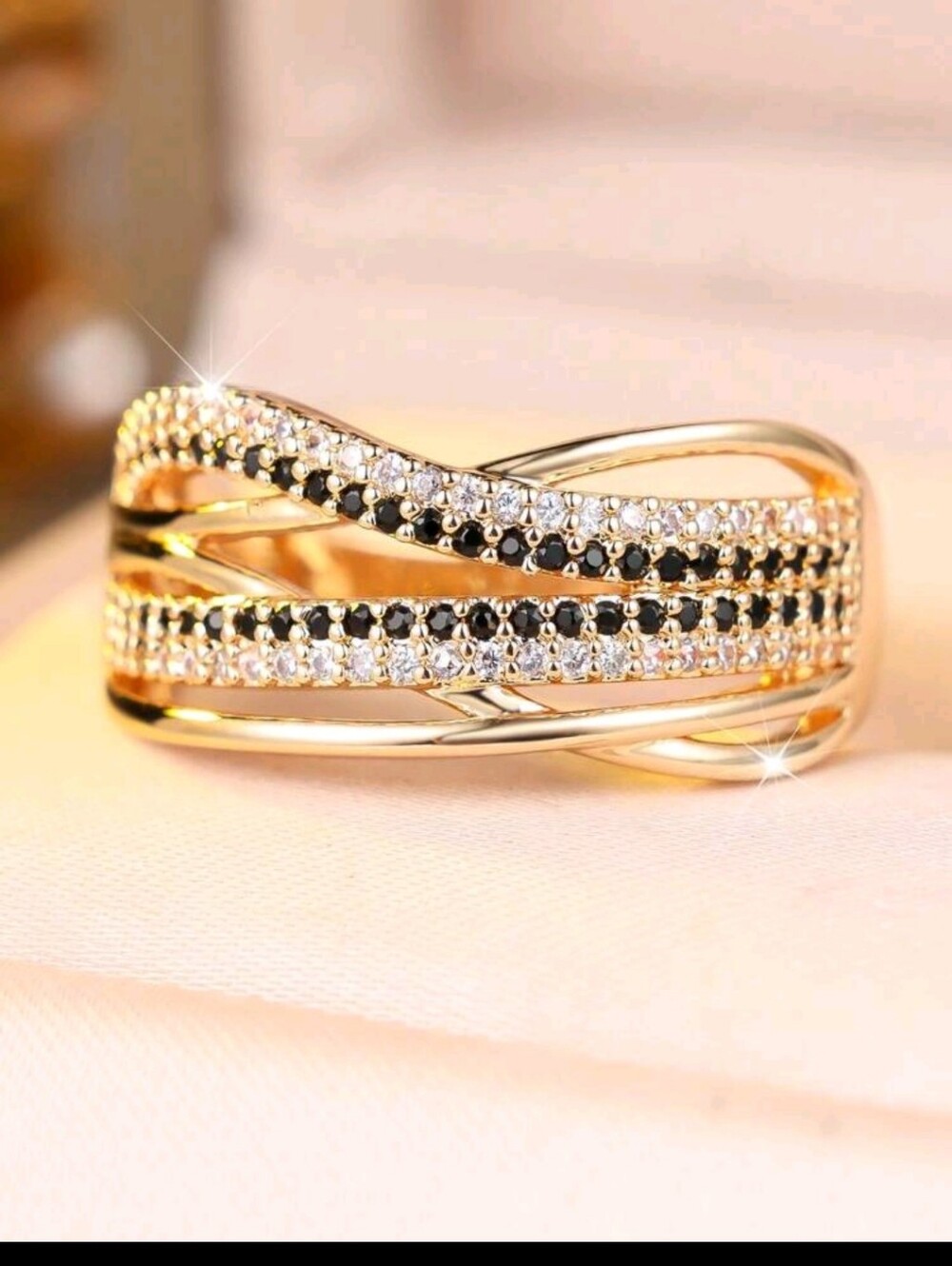 BRAND NEW ** Gold Tone Women's Multi-Row Black and White Crystal Ring